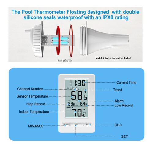Wireless Pool Thermometer Digital Temperature Sensor with Memory 24H LCD Display for Swimming Pool Tub 2