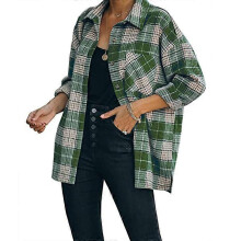 (XL, Green) Women\'s Lapel Shirts with Pockets Casual Collar Plaid Jacket Tops Long Sleeves