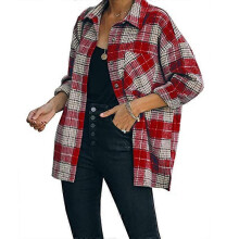 (3XL, Red) Women\'s Lapel Shirts with Pockets Casual Collar Plaid Jacket Tops Long Sleeves
