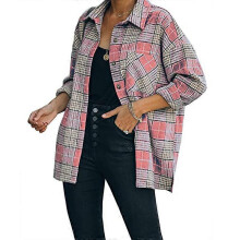 (M, Pink) Women\'s Lapel Shirts with Pockets Casual Collar Plaid Jacket Tops Long Sleeves