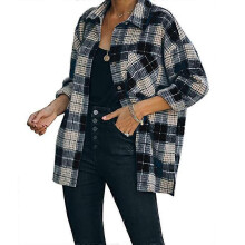(L, Black) Women\'s Lapel Shirts with Pockets Casual Collar Plaid Jacket Tops Long Sleeves