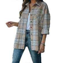 (XL, Khaki) Women\'s Lapel Shirts with Pockets Casual Collar Plaid Jacket Tops Long Sleeves
