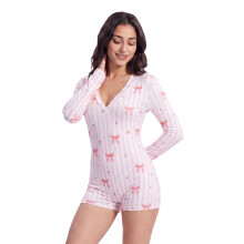 (XL, Pink) Women's Striped Shorts Romper Fashion Sweet Bow Star Printed Long Sleeve Deep V Neck Fitted Jumpsuit