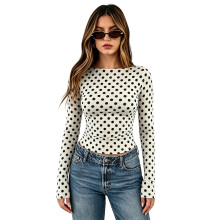 (S, White) Women's Long Sleeve Tops Slim Fit Stylish Dot Print Boat Neck Long Sleeve T-Shirt for Fall/Spring