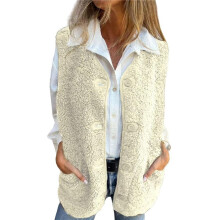 Damen V-Ausschnitt Fleece Oberbekleidung Westen Plüsch Button-Down Jacke Tops Ärmellose Weste Mäntel mit Taschen Cremeweiß XL