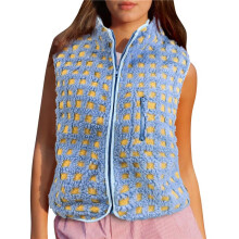 Damen Karierte Weste Ärmellose Winter Fleecejacke Stehkragen Reißverschluss Karierte Weste mit Brusttasche Himmelblau M
