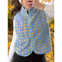 Damen Karierte Weste Ärmellose Winter Fleecejacke Stehkragen Reißverschluss Karierte Weste mit Brusttasche Himmelblau S