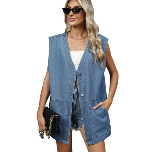 Damen Vintage Jeansweste Übergroße Button-Down-Jeansweste Blau M