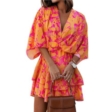 Women'S V-Neck Fashion Print Wavy Sleeve Skirt Dress Summer Spring Floral Boho Dress Tangerine Color M