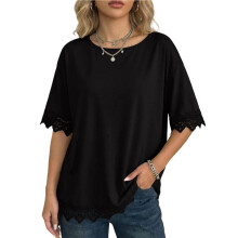 Women'S Summer Tops Oversized Short Sleeve Shirts Casual Loose Lace Patchwork T-Shirt Outfits Black XXL