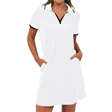 Po-Lo Dresses for Women Short Sleeve Tennis Dress V Neck Summer Casual Dress with Pocket White L
