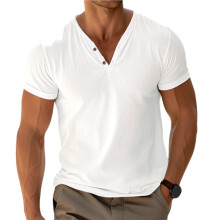 Mens Casual T Shirts Short Sleeve V Neck Henley Shirt Button Basic Fashion Summer Beach Tee Tops White L