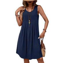 Women Summer Tea-Length Dress Round Neck Waist Sundresses Sleeveless Dress Deep L