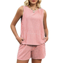 Dames 2-Delige Shortset Zomer: Mouwloze Tanktop met Ronde Hals en Bijpassende Broek met Zakken 11 M