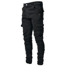 Jeans Slim Fit Estilosos Casuais Masculinos, Calças de Denim Skinny Jovem Hiphop W10 Preto M