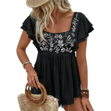 Dames Geborduurde Mexicaanse Tops, Boerenblouse met Korte Mouwen, Zomerhemdjes Uit Mexico Zwart L