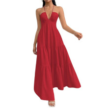 Dames Zomer Halter A-Lijn Casual Maxi-Jurken voor op Het Strand Rood S