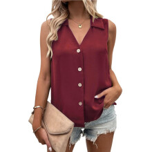 Women'S Cotton Sleeveless Button-Down Shirt for Work, Leisure, and Travel Wine Red XXL