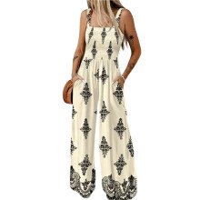 Women'S Casual Loose Overalls Jumpsuits Floral Square Neck Shirred Pants with Pockets Cream White L