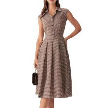 Damen Kurzarm-Midikleid, Lässig, mit Knopfleiste und Streifenmuster An der Taille L