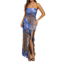 Kvinnors Blommiga Tubklänning med Maxi-Motiv, Sommar, Axelbandslös Tub, Bodycon, Mesh-Lager, Cocktailklänning Blå L