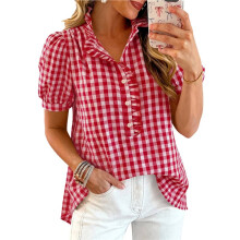 Womens Short Sleeve Summer Tops Striped Plaid Ruffle V Neck Button Down Shirts Casual Blouses Red Checkered M