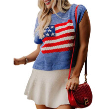 Damen-Pullover mit Amerikanischer Flagge, Kurzen Ärmeln, Rundhalsausschnitt, Lockerer Passform, Strickpullover Blau S