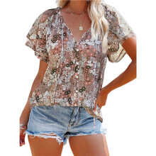 Damesblouse met V-Hals, Bloemenprint, Trekkoord, Korte Mouwen, Ruches, Boho T-Shirt, Tuniek. Khaki XL