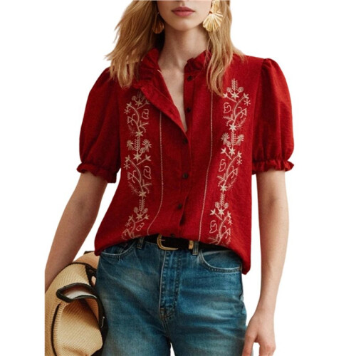 Women'S Boho Embroidered Blouse Puff Short Sleeve Button  Summer Peasant Top Red M