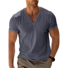 Mens Casual T Shirts Short Sleeve V Neck Henley Shirt Button Basic Fashion Summer Beach Tee Tops Gray L