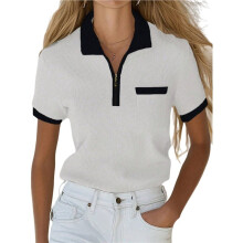 Summer Short Sleeve Po-Lo Shirts for Women Collared V Neck Work Dressy Tops Knit Loose Business Black & White M