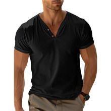 Mens Casual T Shirts Short Sleeve V Neck Henley Shirt Button Basic Fashion Summer Beach Tee Tops Black L