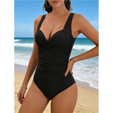 Einteiliger Badeanzug für Damen mit Bauchkontrolle, Formende, Vorgeformte Push--Cups Schwarz XL