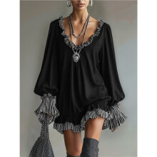Women'S Size Deep V Neck Ruffle Sleeve Beach Dress Cover for Curvy Women Black S