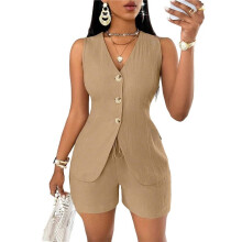 Women'S Summer 2 Piece Outfits Sleeveless Matching Sets Button Down V Neck Vest Waistcoat and Pockets Shorts Khaki M