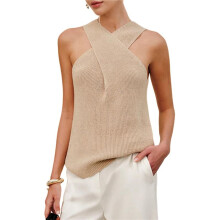 Women Halter - over Collar Tank Knit Sleeveless Top Solid Color Casual Summer Blouse Apricot S