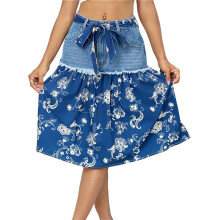 Women'S Casual Tie Denim Skirt Chiffon Long Skirt Bohemian Style Floral Umbrella Skirt Light S