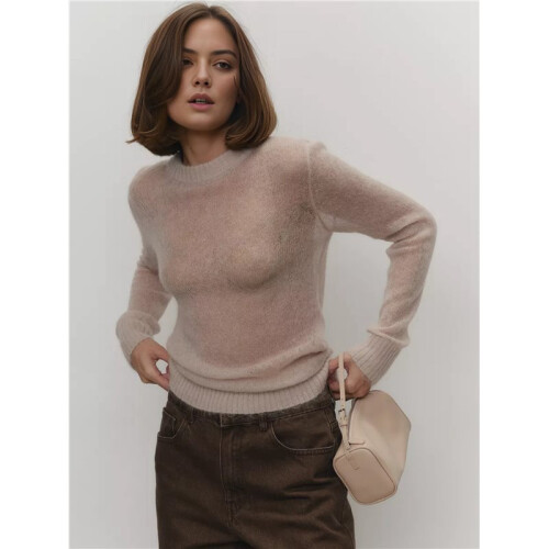 Women'S Basic Crewneck Sweater Long Sleeve Round Neck Pullover Khaki M 2