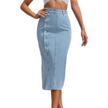 Womens Casual Slit Denim Midi Jean Skirt Stretch High Waist Frayed Button Light S