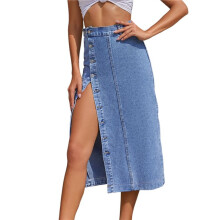 Womens Casual Slit Denim Midi Jean Skirt Stretch High Waist Frayed Button M