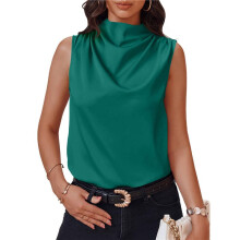 Womens Mock Neck Satin Tank Tops Business Casual Work Ruched Blouses Summer Corporate Outfits Green XL