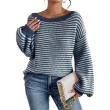 Women'S 2025 Fall Long Sleeve Casual Loose Striped Off Shoulder Casual Oversized Knitted Sweater Pullovers S