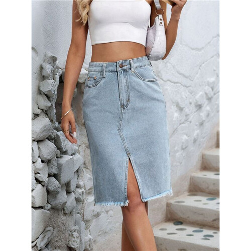 Women'S High Waisted Split Front  Hem Bodycon Midi Denim Skirt Light  S 2