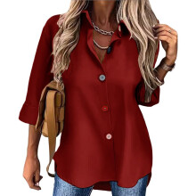 Womens Fashion Casual Button Down Shirt Long Sleeve Collar Loose Regular Blouses Fall Tops Red M