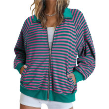 Damen Oversized Gestreiftes Rundhals Langarm Pullover Top Lässiges Y2K Herbstkleidung Workout Shirt Rosa Grün M
