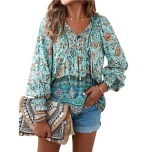 Blusas Femininas Casuais Estilo Boho com Decote em V, Soltas, com Estampa Floral, Manga Comprida, para Praia Azul S