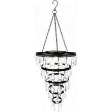 27 Inch High Handcrafted Tiered Crystal Solar Chandelier Light, Waterproof Solar Powered LED Hanging Pendant Lantern