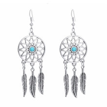 Women's Retro Earring Turquoise Dreamcatcher Dangle Drops Earrings Feathers Bead Antique Silver