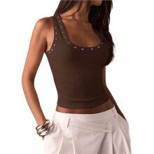 Damen Ärmelloses, Geripptes Tanktop mit Nieten, Quadratischem Ausschnitt, Figurbetont, Y2K, Crop Tops für Ausgehen Dunkelbraun XL