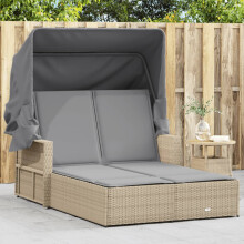 vidaXL Doppel-Sonnenliege mit Dach und Auflagen Beige Poly Rattan